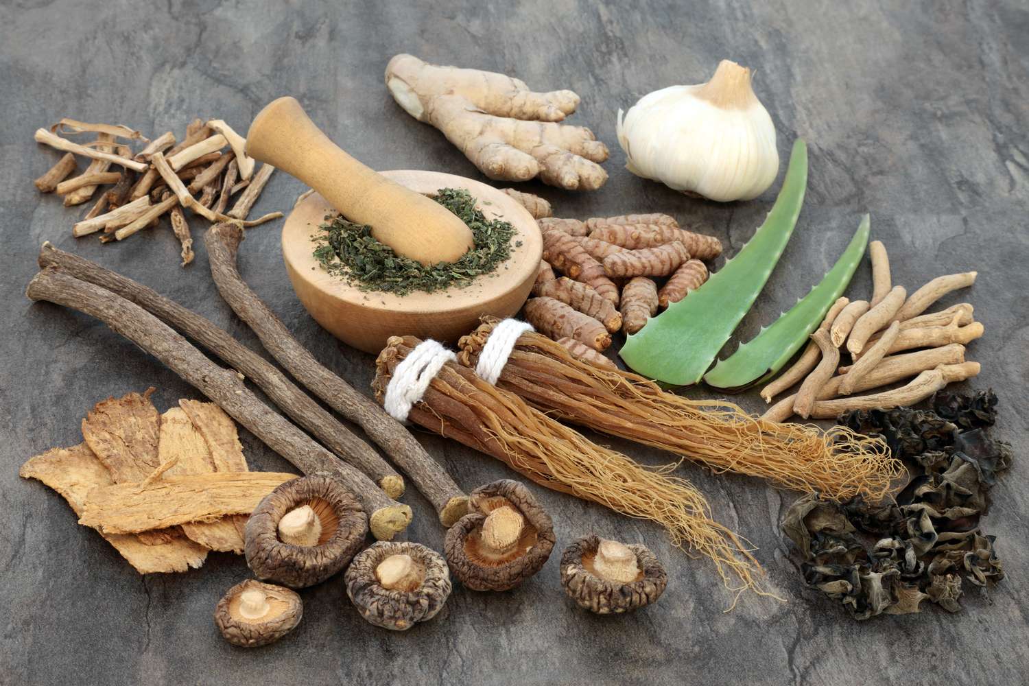 Turmeric and ashwagandha root and powder among Ayurvedic herbs on a stone surface.