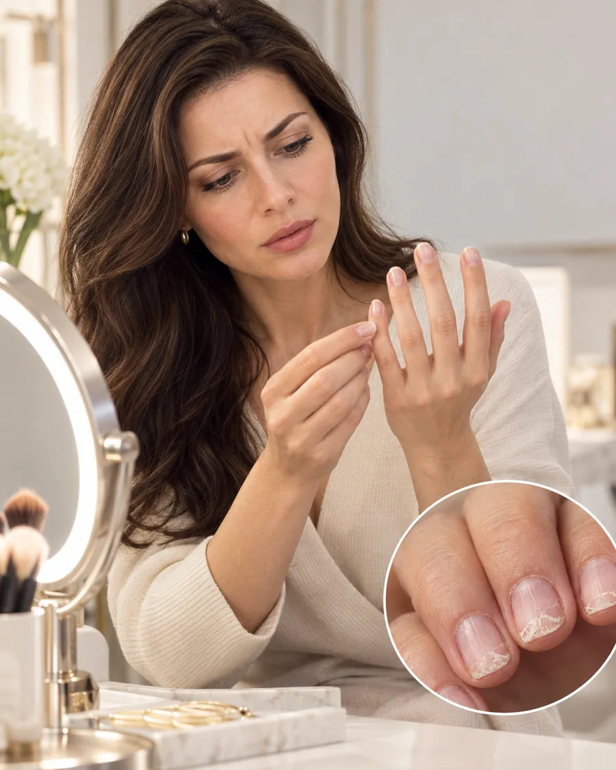 Woman examining brittle nails at a vanity with a close-up inset of splitting and peeling nail tips