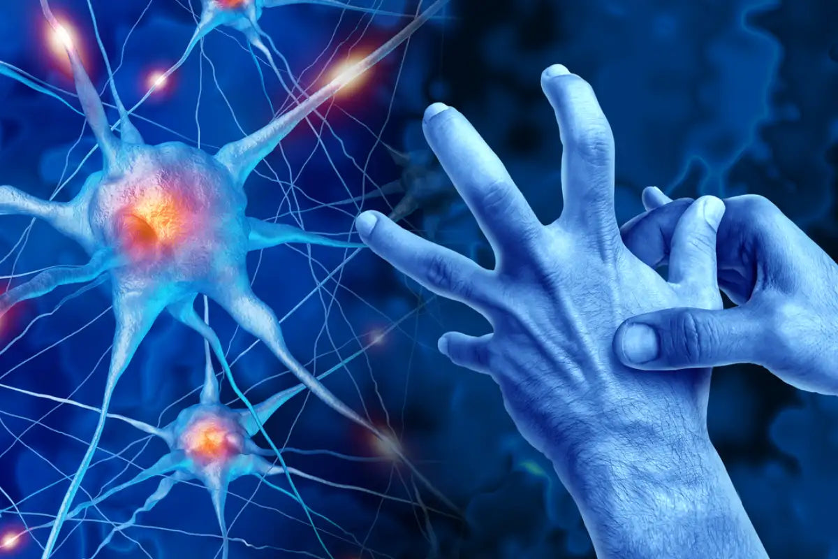 image of nerve function on the left, and a hand holding the other aching hand on the right