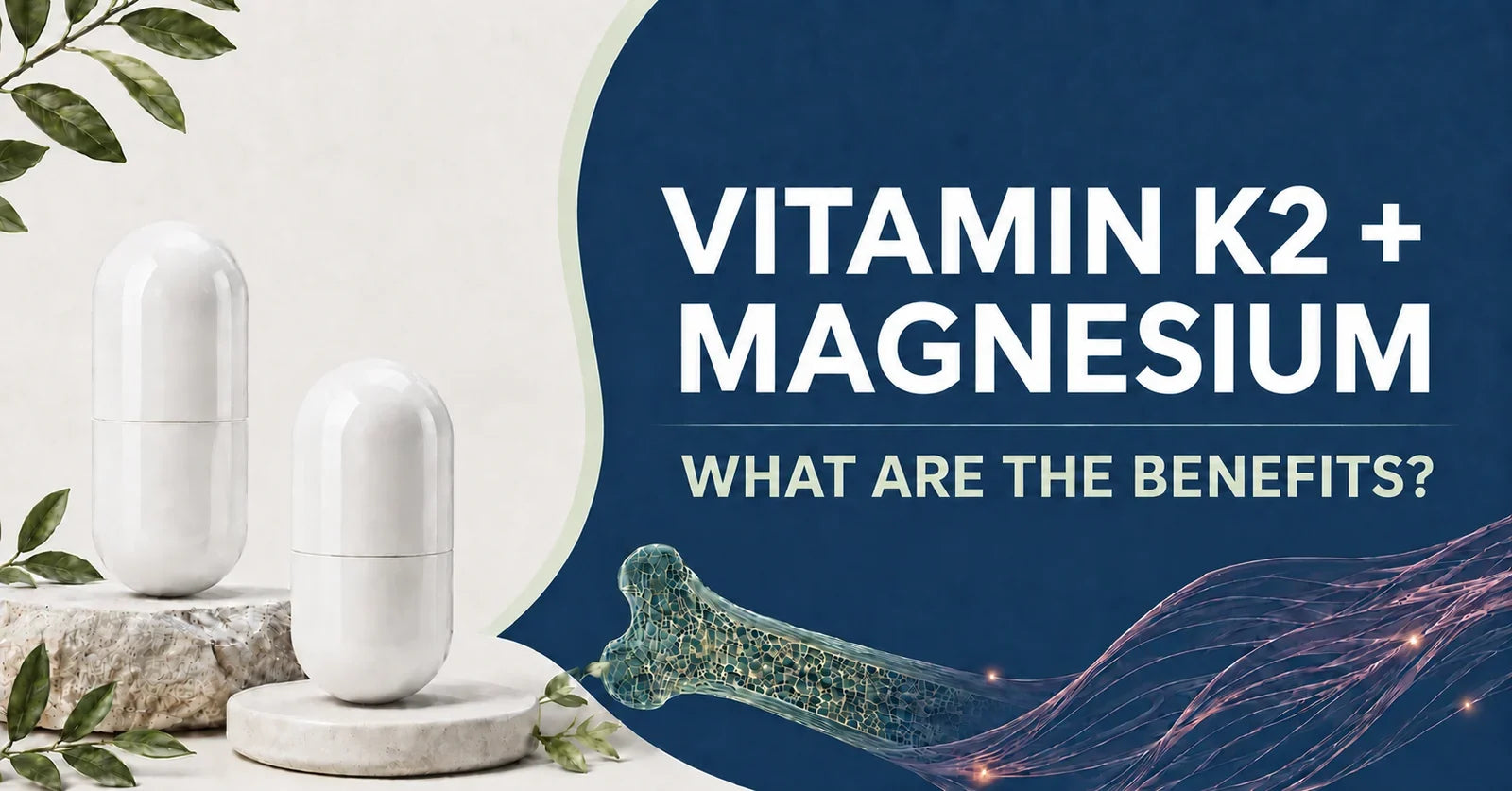 Vitamin K2 and magnesium benefits graphic with white capsules and bone and muscle illustrations.