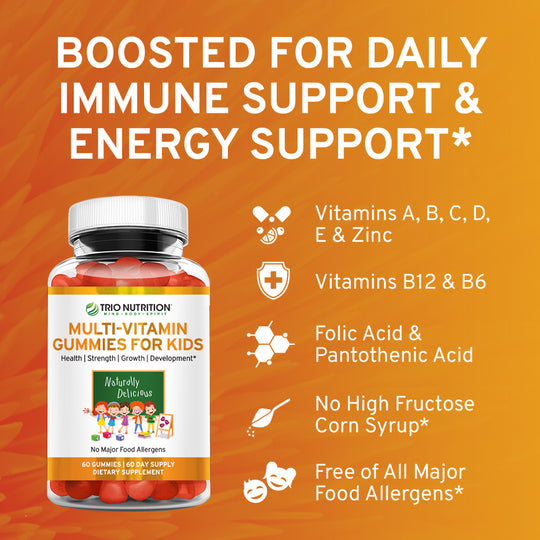 Trio Nutrition Kids Gummy Multivitamin with Zinc – Vitamins A B C D E for Immune Energy Support – Berry Flavor 60-Day Supply