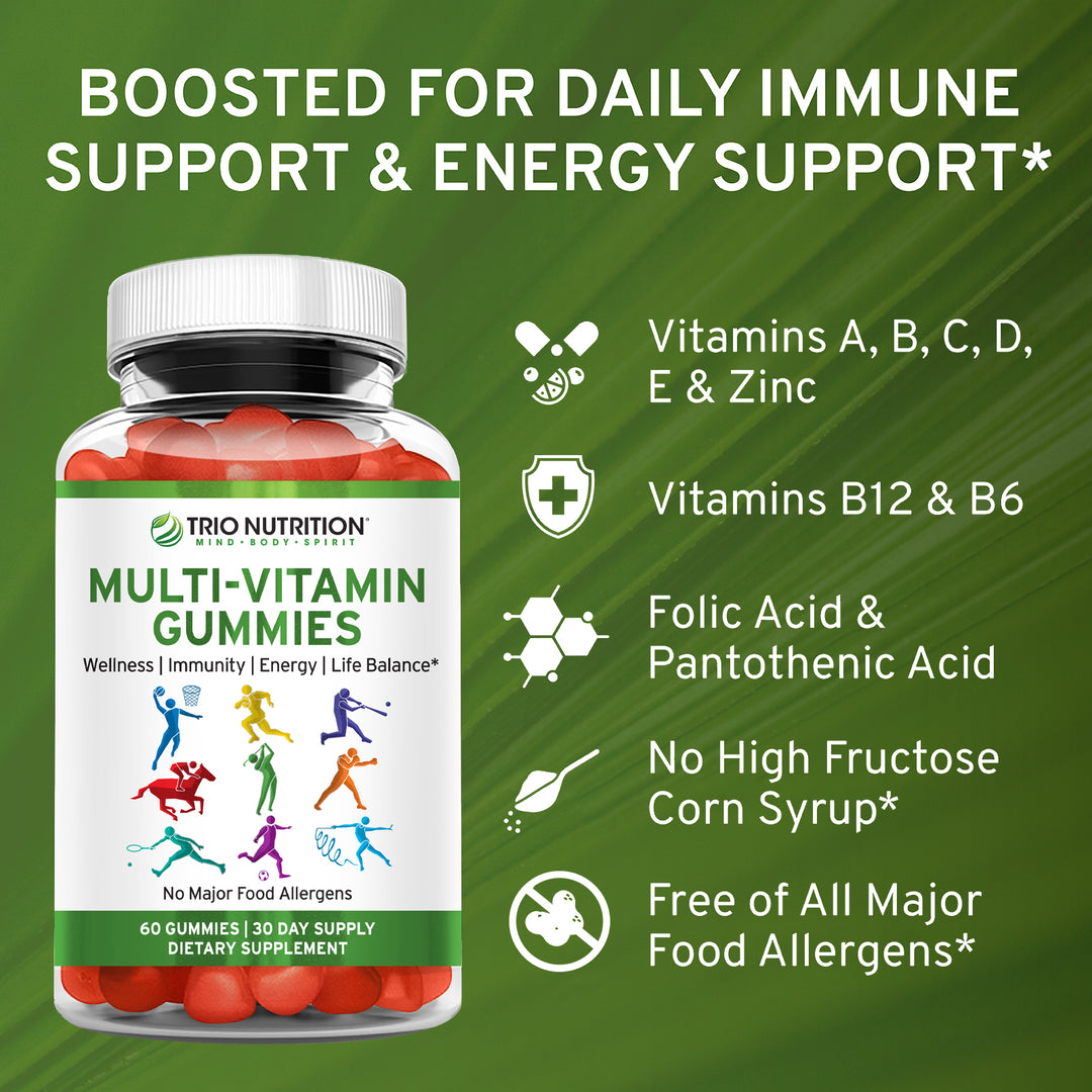 Trio Nutrition® Gummy Multivitamin with Zinc – Vitamins A B C D E + Minerals for Immune & Energy Support – Delicious Berry Flavor
