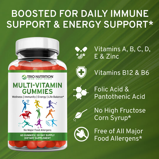 Trio Nutrition® Gummy Multivitamin with Zinc – Vitamins A B C D E + Minerals for Immune & Energy Support – Delicious Berry Flavor