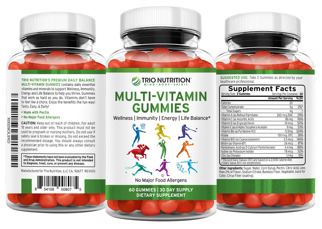Trio Nutrition® Gummy Multivitamin with Zinc – Vitamins A B C D E + Minerals for Immune & Energy Support – Delicious Berry Flavor