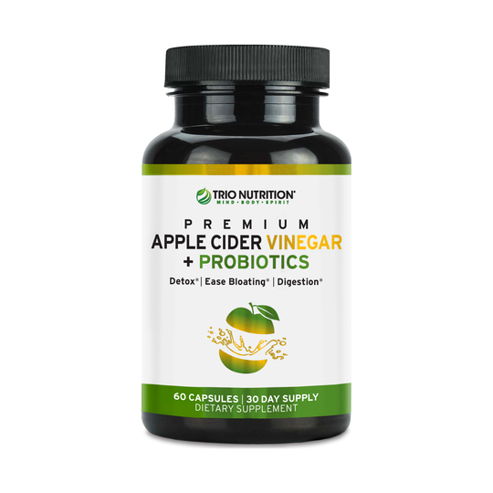 Trio Nutrition Apple Cider Vinegar plus Probiotics capsules bottle — gut and digestion support, manufactured in the USA
