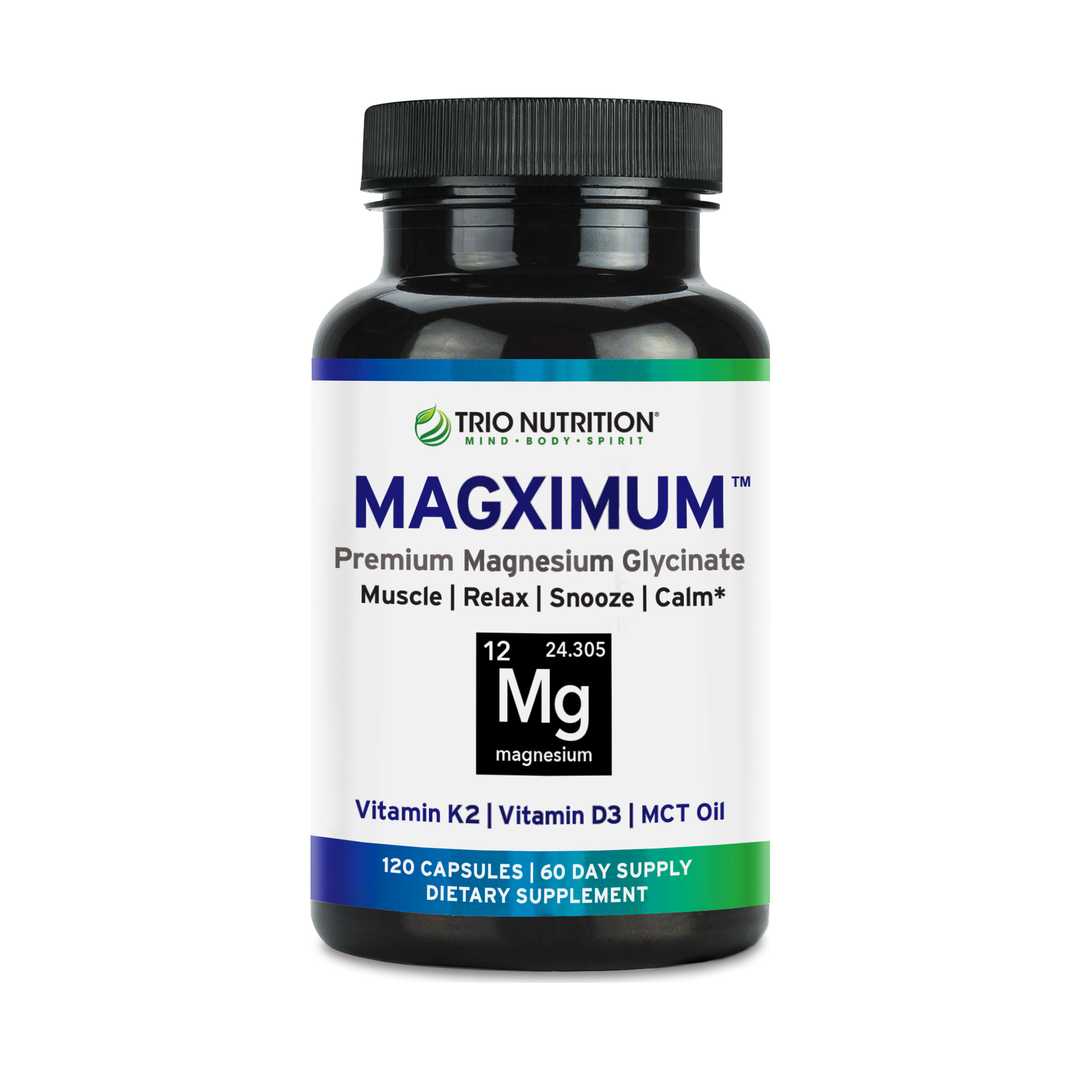 Trio Nutrition Magximum bottle — magnesium glycinate with D3, K2 and MCT oil, manufactured in the USA
