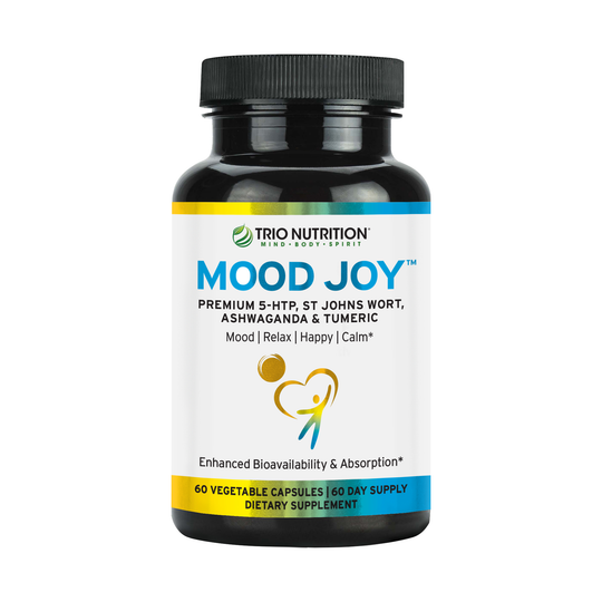 Trio Nutrition Mood Joy bottle — herbal mood support with 5-HTP, ashwagandha and turmeric, Manufactured in the USA