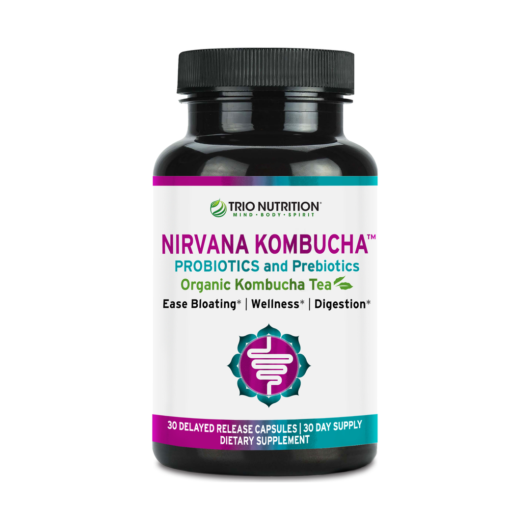 Trio Nutrition Nirvana Kombucha probiotic bottle — multi-strain synbiotic with prebiotics, Manufactured in the USA