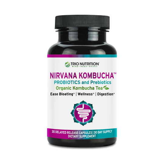 Trio Nutrition Nirvana Kombucha probiotic bottle — multi-strain synbiotic with prebiotics, Manufactured in the USA
